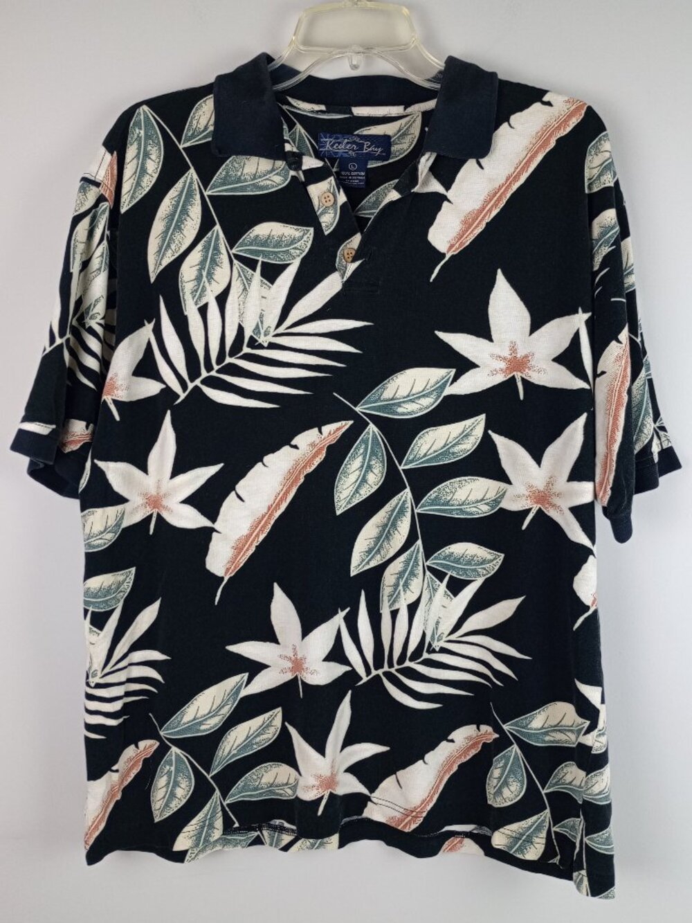 VTG Keeler Bay Mens L Black White Tropical‎ Leaf Floral Hawaiian Polo Shirt